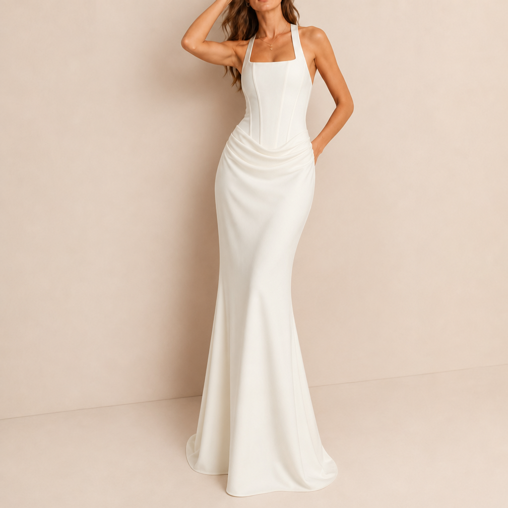 Marbella Corset Ruched Maxi Dress in Ivory