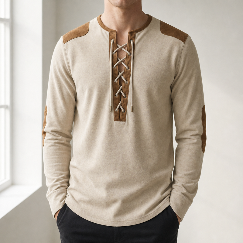 Mdina Lace-Up Henley Shirt in Cream Beige