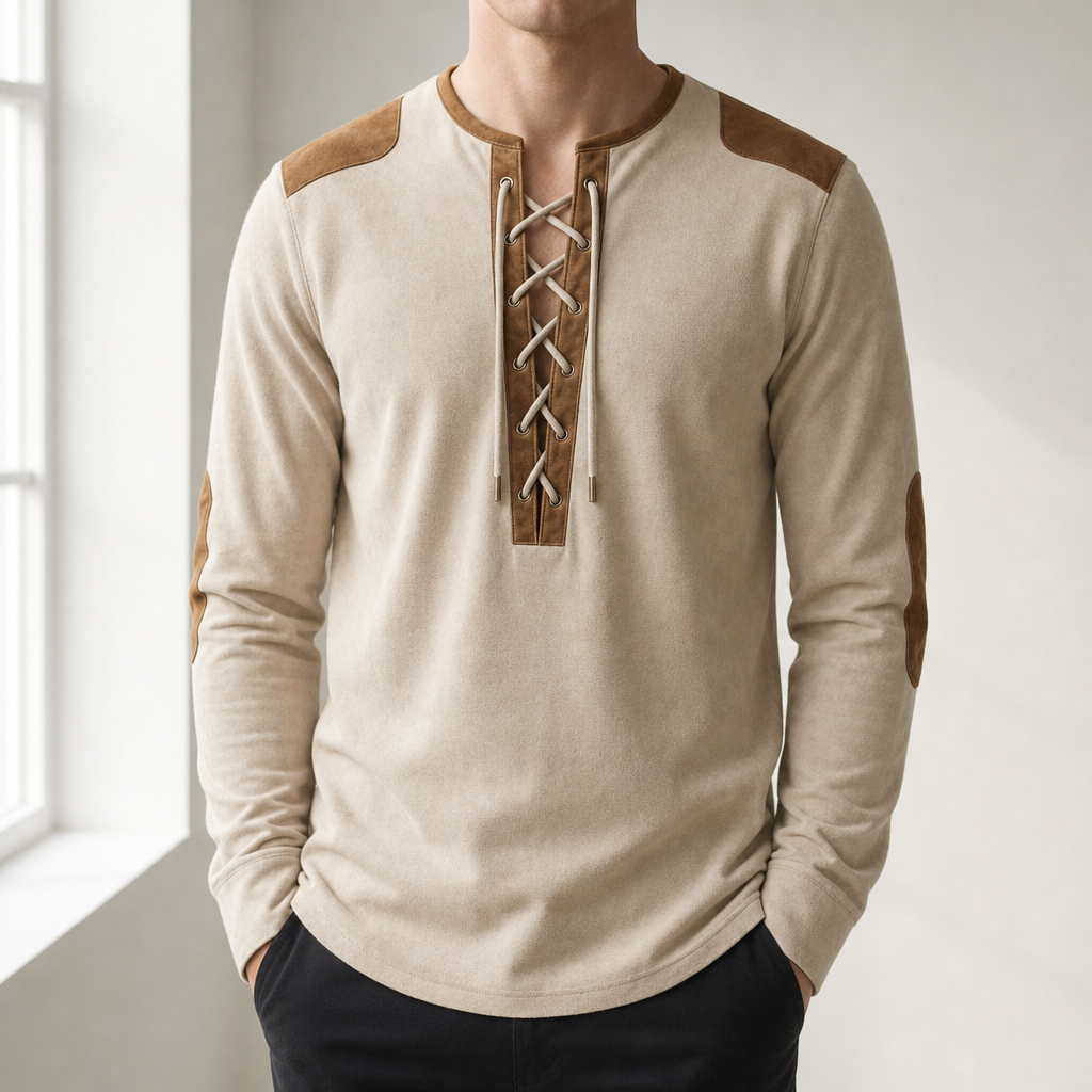 Mdina Lace-Up Henley Shirt in Cream Beige