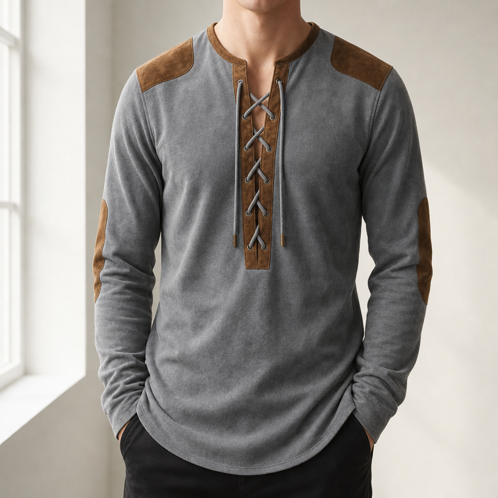 Mdina Lace-Up Henley Shirt in Slate Gray