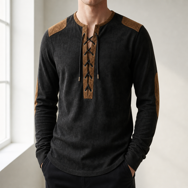 Mdina Lace-Up Henley Shirt in Obsidian Black