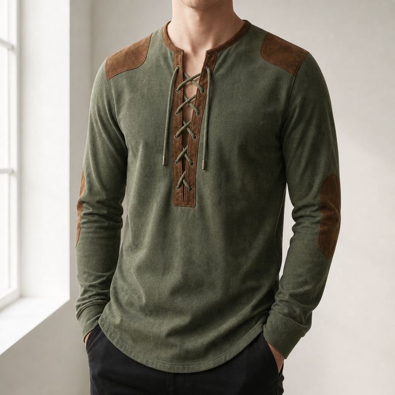 Mdina Lace-Up Henley Shirt in Pine Green