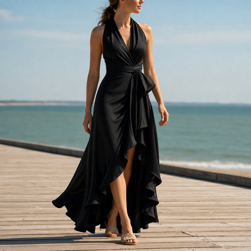 Menerbes Satin Halterneck Maxi Dress in Black