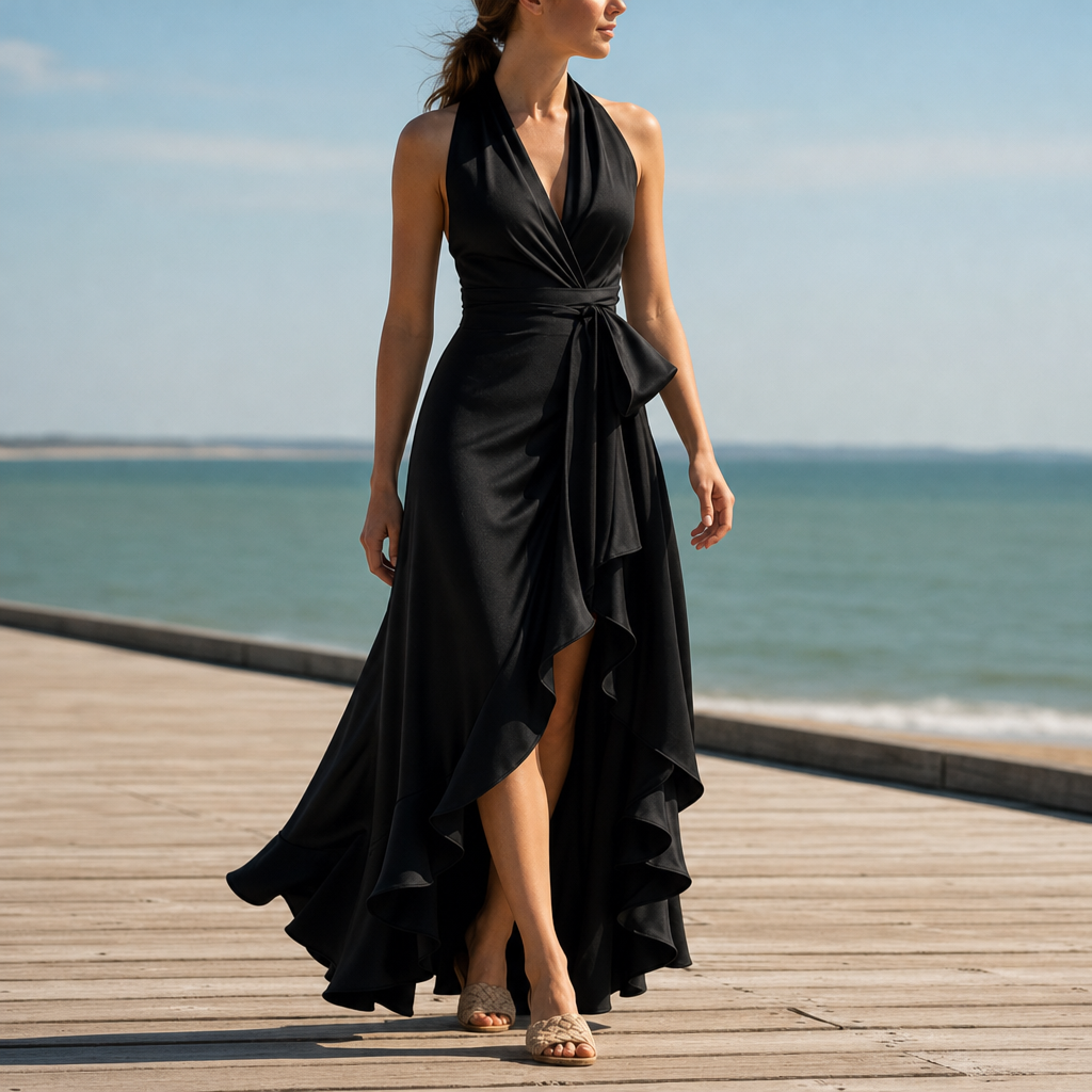 Menerbes Satin Halterneck Maxi Dress in Black