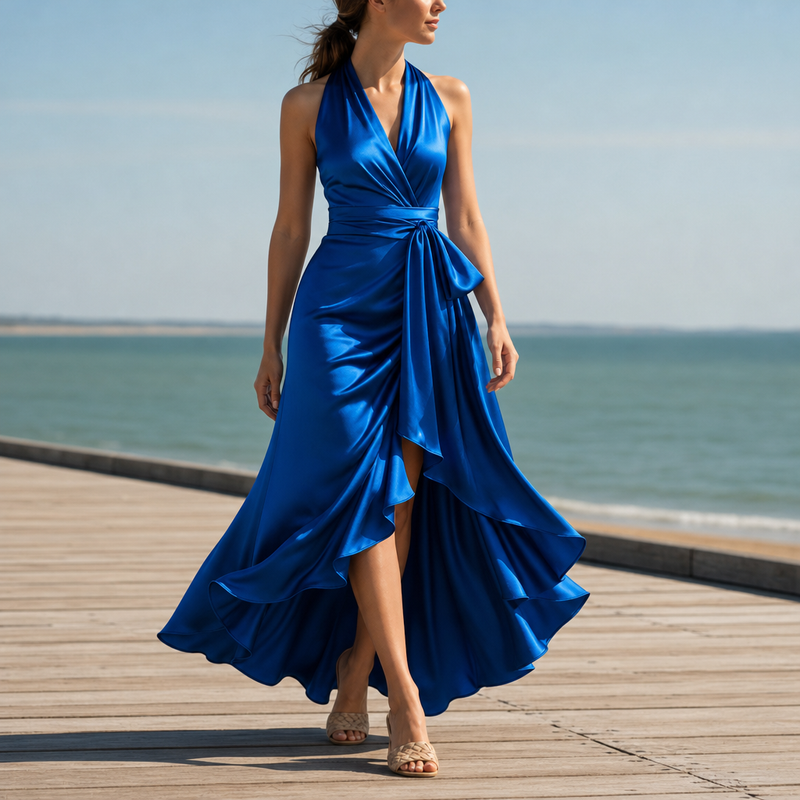 Menerbes Satin Halterneck Maxi Dress in Blue