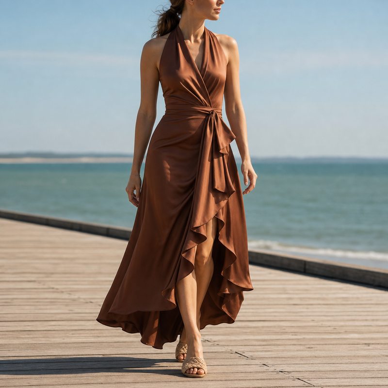 Menerbes Satin Halterneck Maxi Dress in Brown