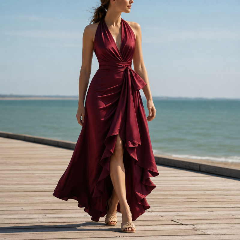 Menerbes Satin Halterneck Maxi Dress in Burgundy