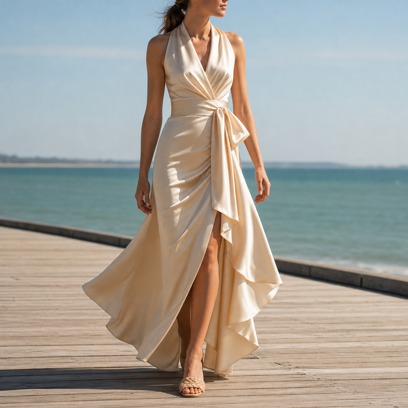 Menerbes Satin Halterneck Maxi Dress in Champagne
