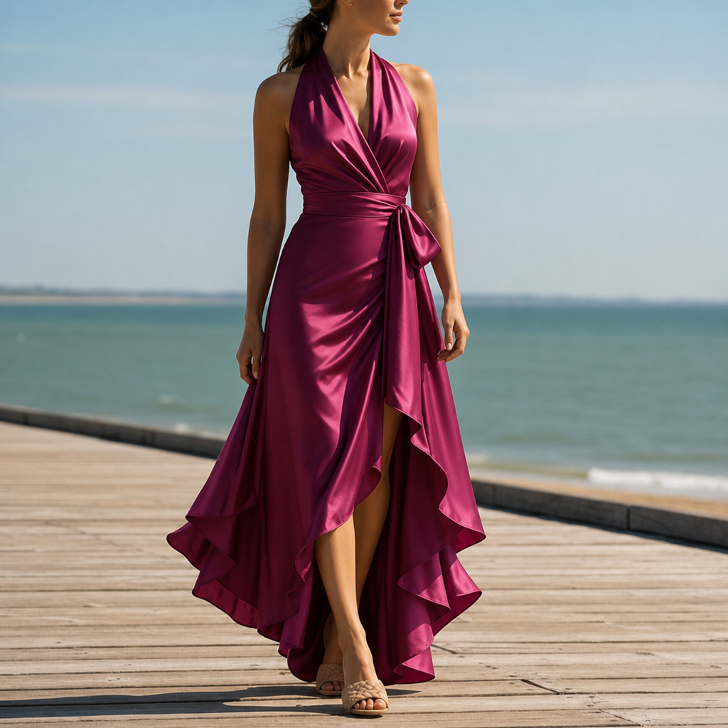 Menerbes Satin Halterneck Maxi Dress in Dark Pink