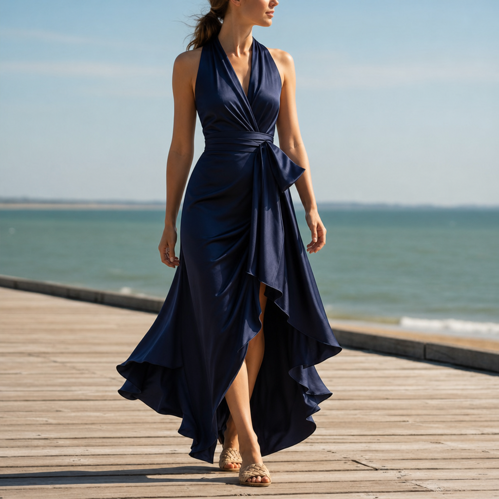 Menerbes Satin Halterneck Maxi Dress in Navy Blue