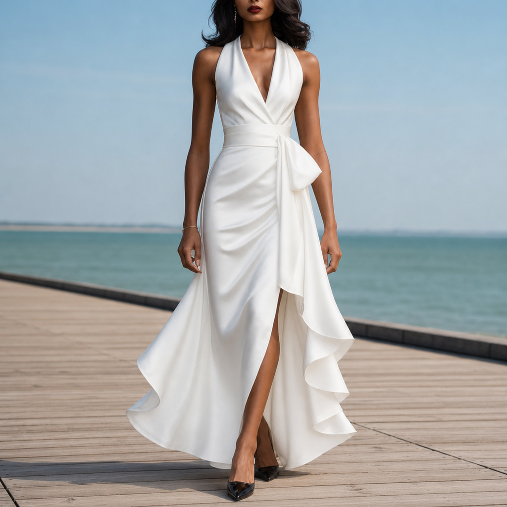 Menerbes Satin Halterneck Maxi Dress in White