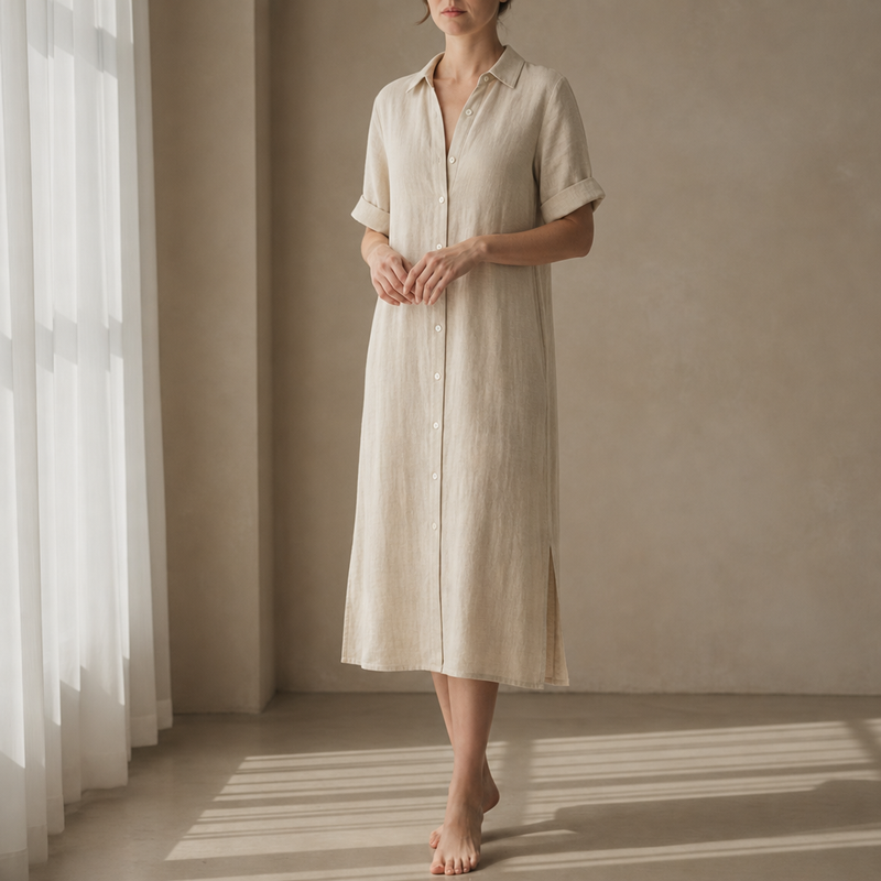 Menorca Linen Midi Shirt Dress in Beige