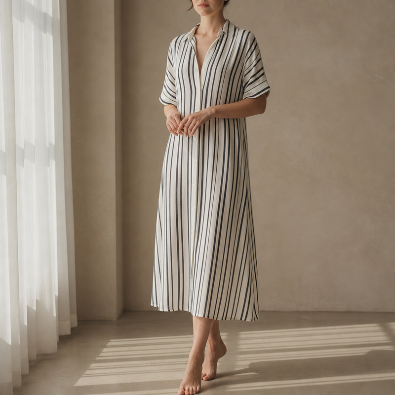 Menorca Linen Midi Shirt Dress in Striped