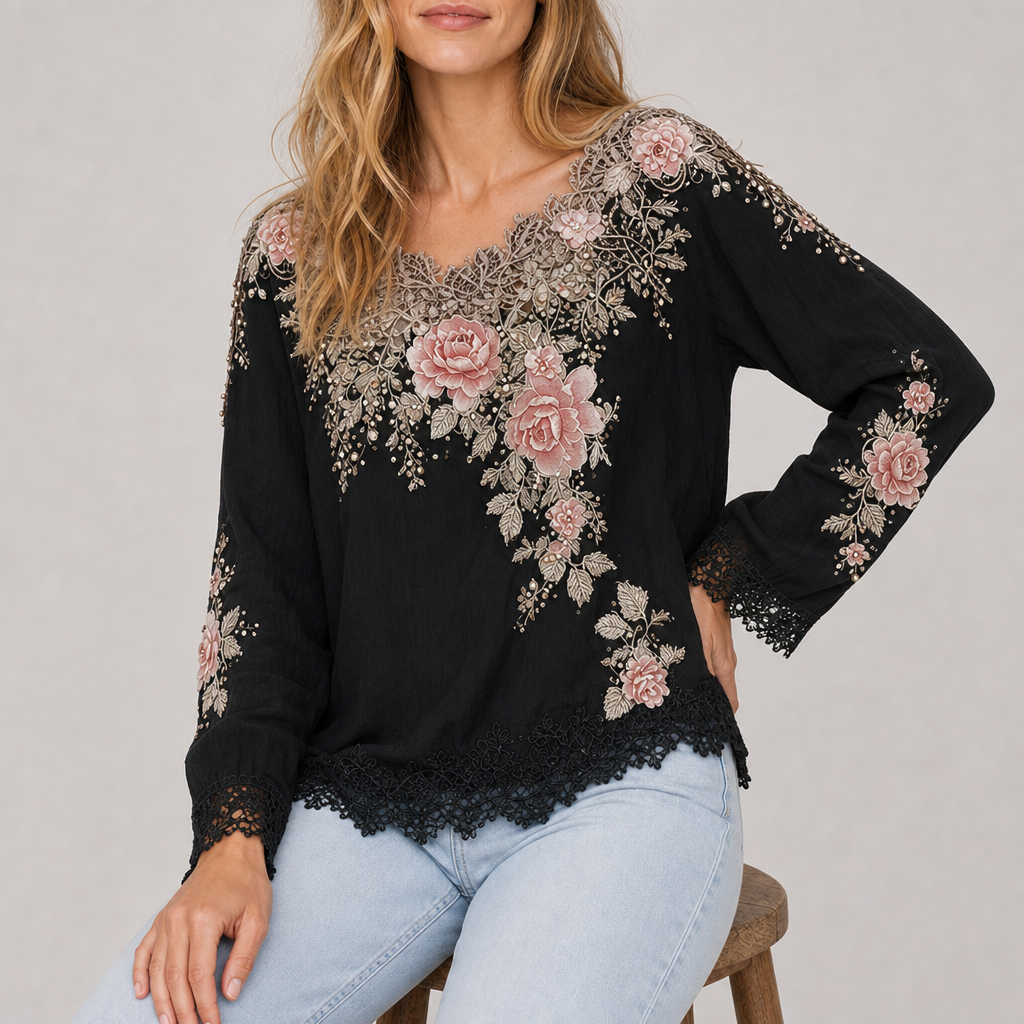 Menton Floral Embroidered Lace Blouse in Black