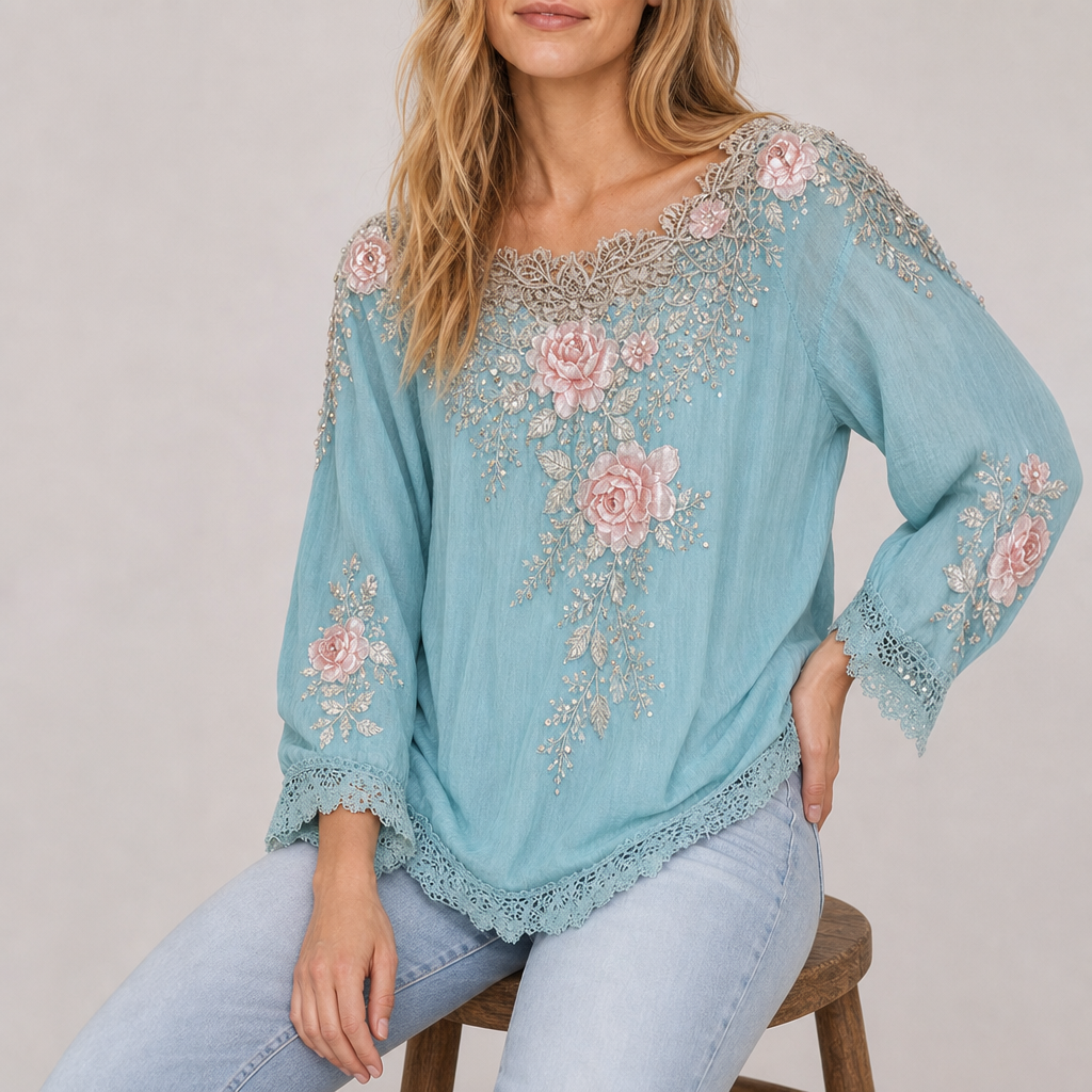 Menton Floral Embroidered Lace Blouse in Blue