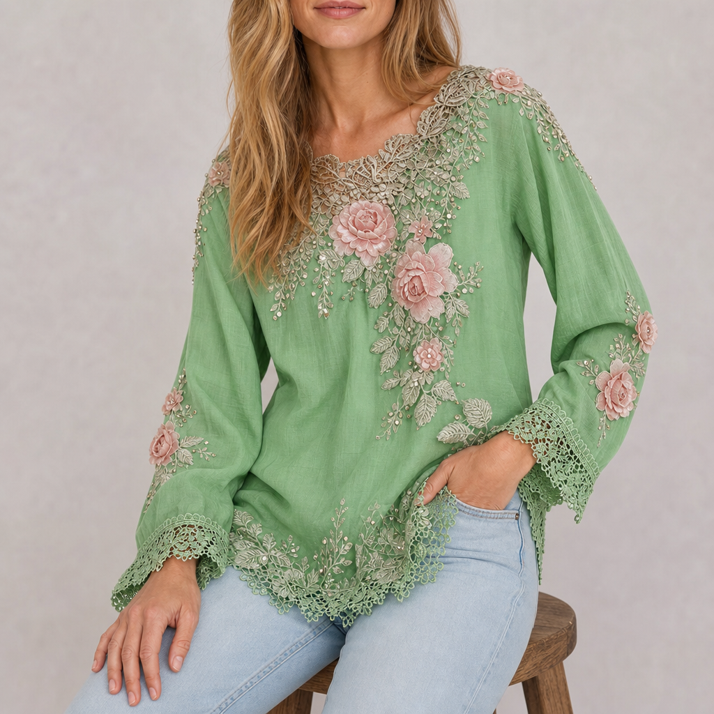 Menton Floral Embroidered Lace Blouse in Green