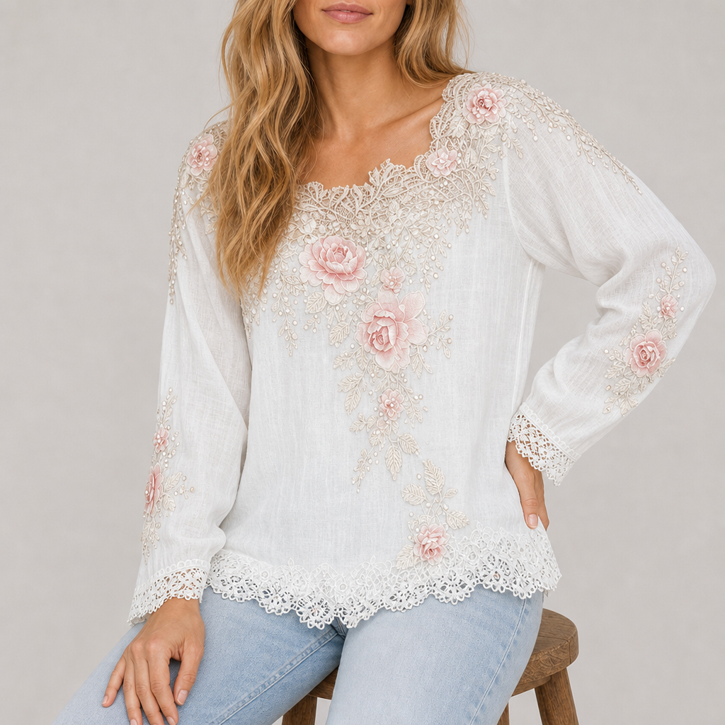 Menton Floral Embroidered Lace Blouse in White