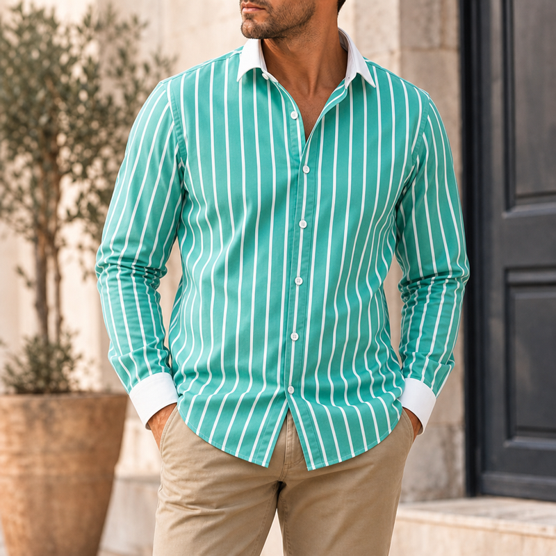 Merano Striped Contrast Collar Shirt in Green