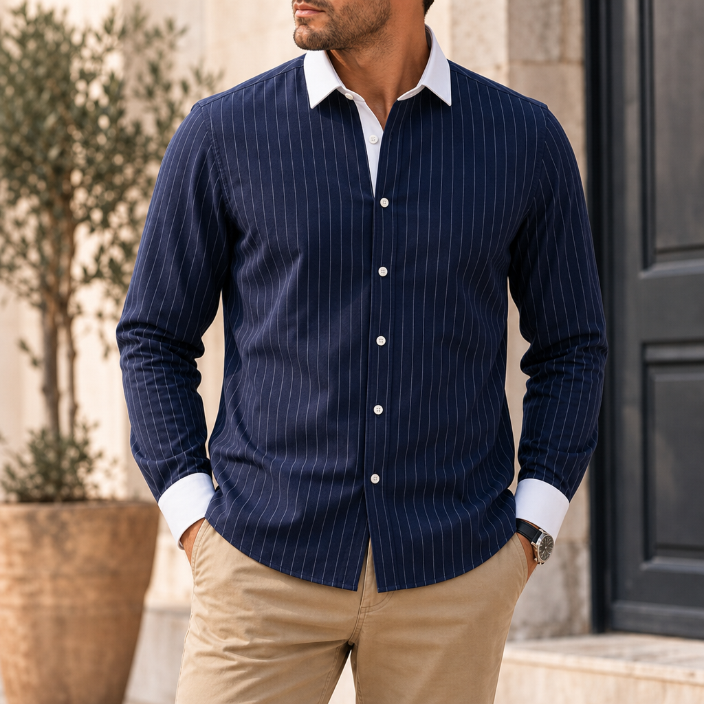 Merano Striped Contrast Collar Shirt in Navy