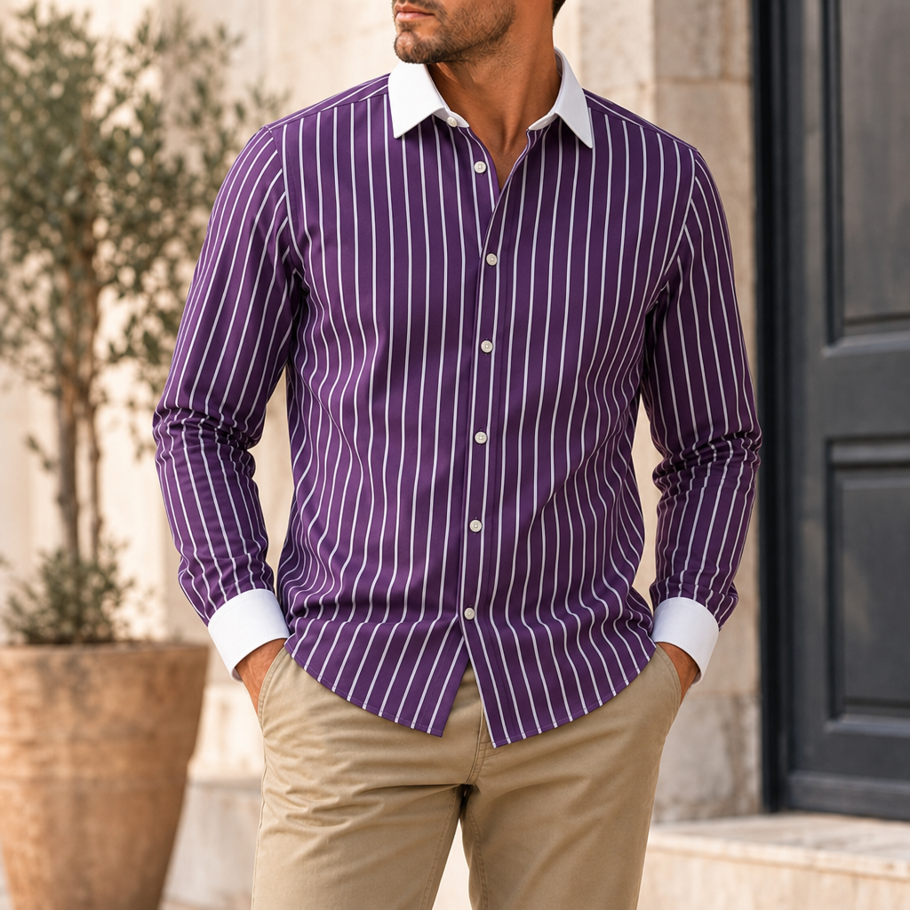 Merano Striped Contrast Collar Shirt in Purple