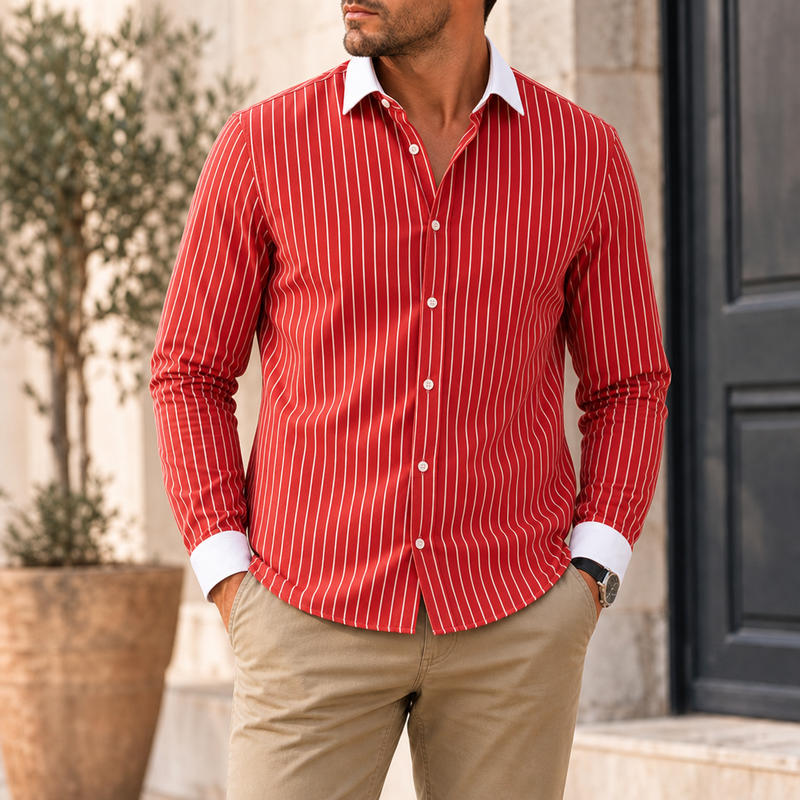 Merano Striped Contrast Collar Shirt in Red