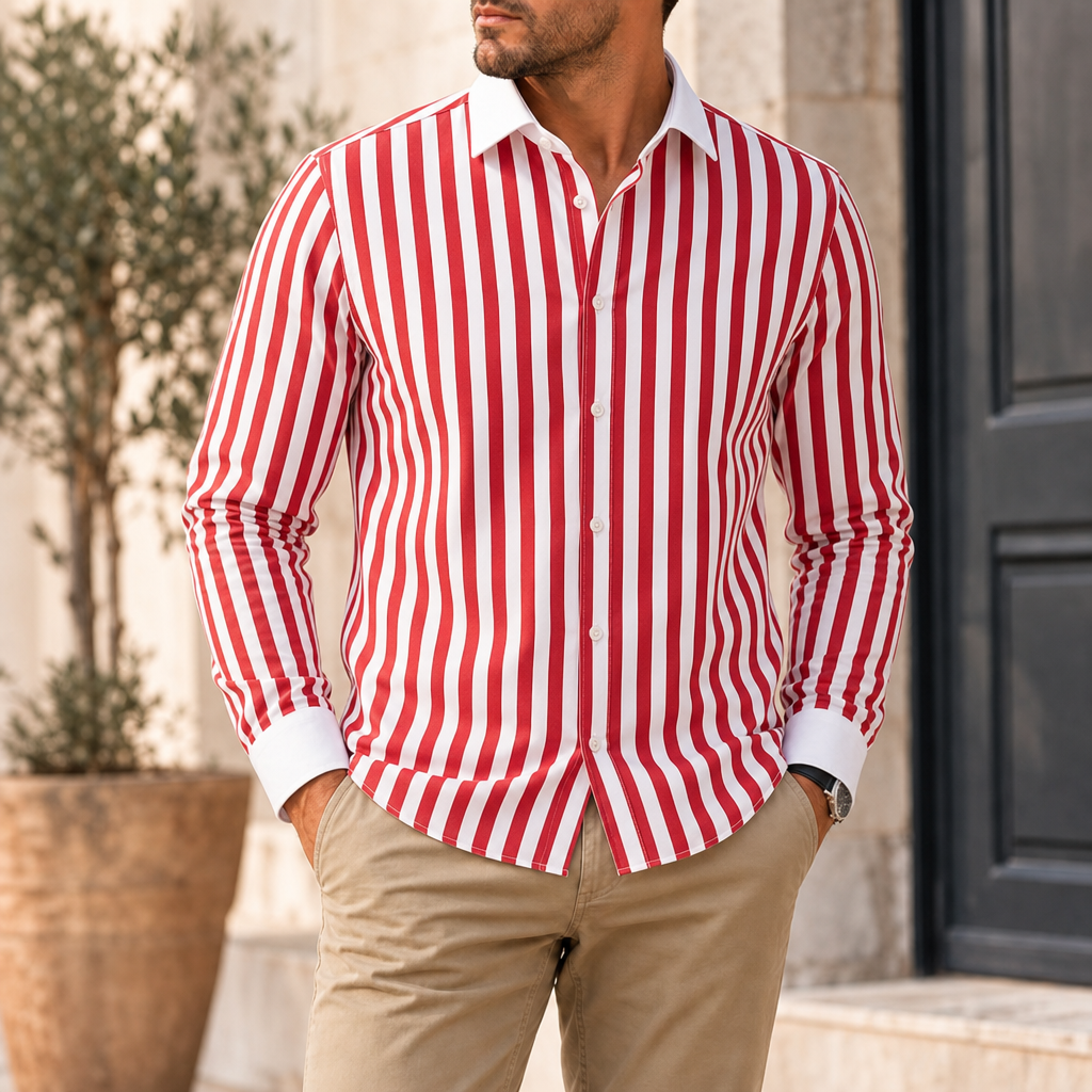 Merano Striped Contrast Collar Shirt in White & Red