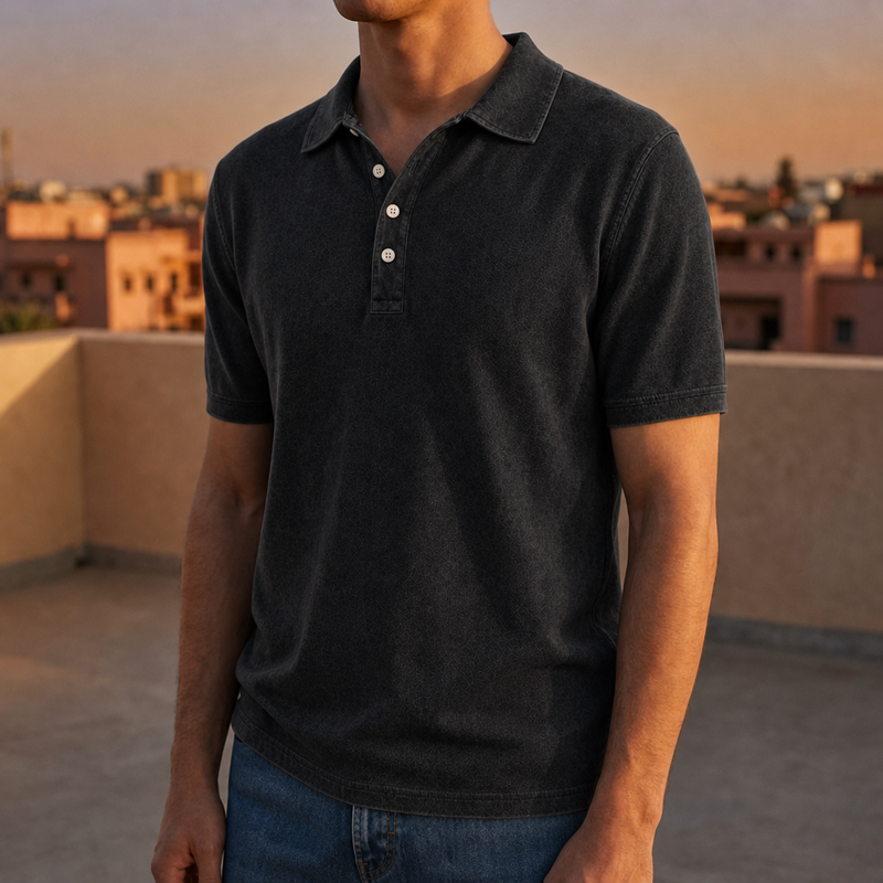 Milos Washed Cotton Polo in Black