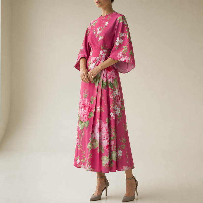 Mljet Floral Kimono Sleeve Dress in Pink