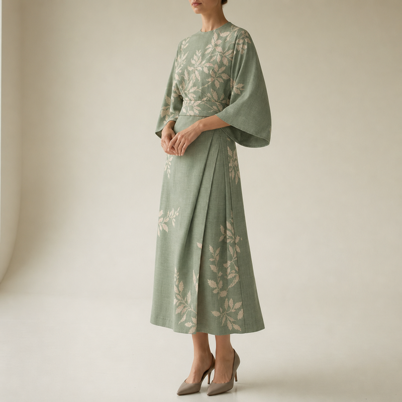 Mljet Floral Kimono Sleeve Dress in Green