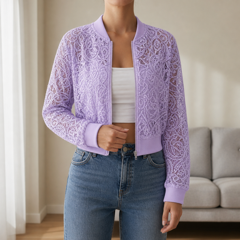 Monsaraz Floral Lace Cropped Jacket in Purple