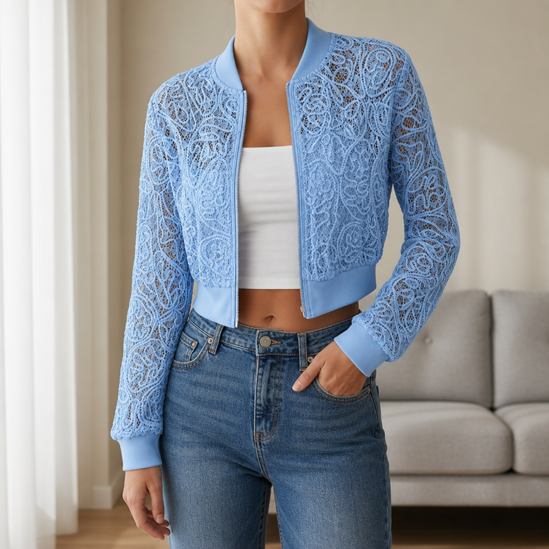Monsaraz Floral Lace Cropped Jacket in Blue