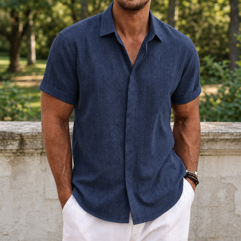 Mykonos Linen Short Sleeve Shirt in Navy