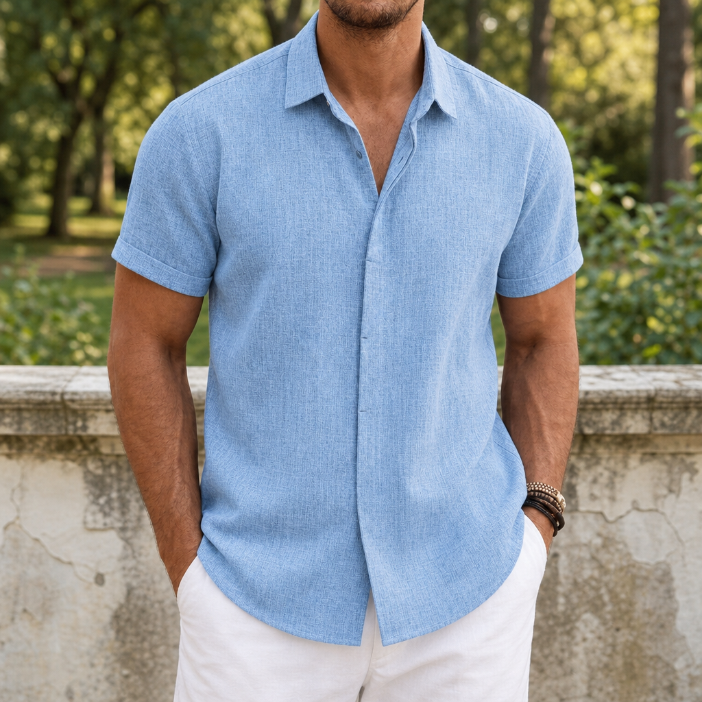 Mykonos Linen Short Sleeve Shirt in Blue