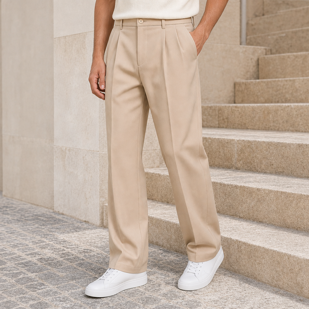 Narbonne Pleated Straight Leg Trousers in Beige