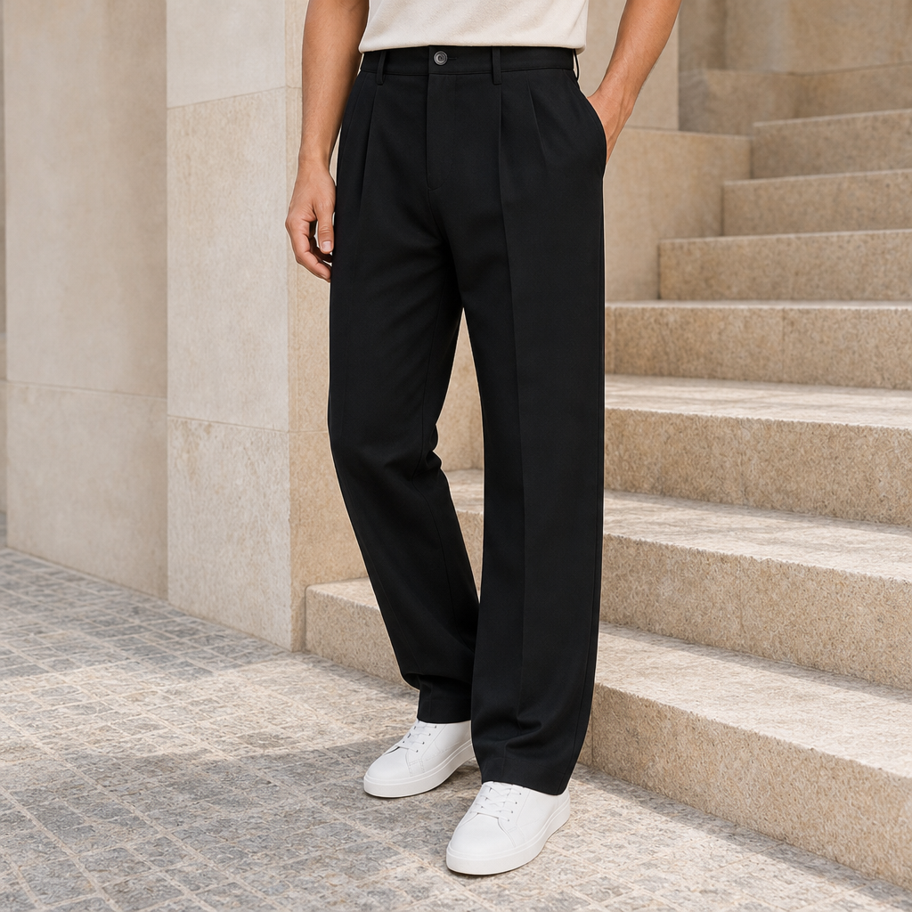 Narbonne Pleated Straight Leg Trousers in Black