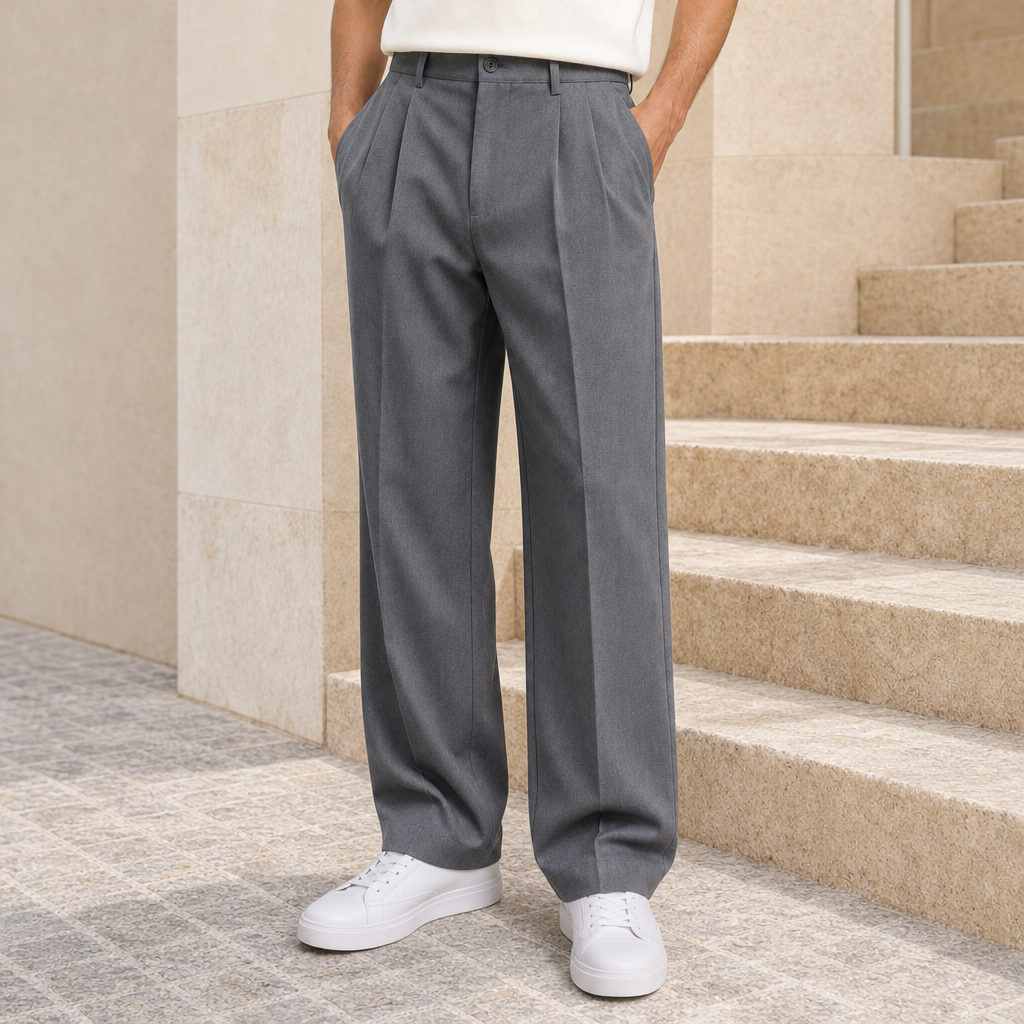 Narbonne Pleated Straight Leg Trousers in Gray