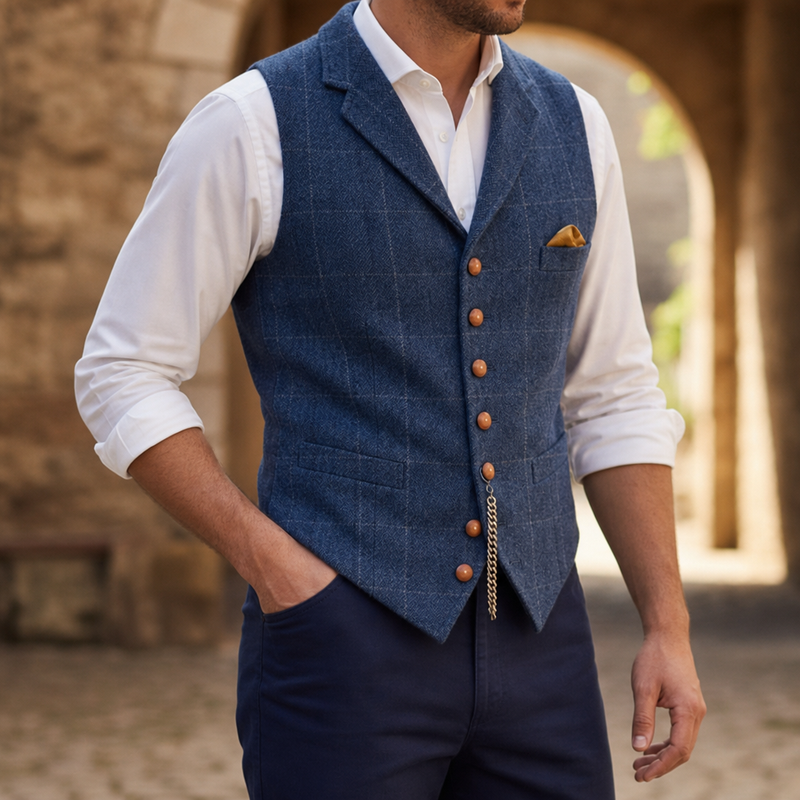 Nerja Tailored Tweed Waistcoat in Blue