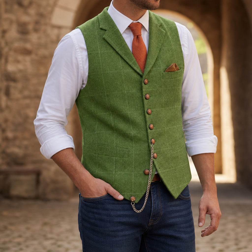 Nerja Tailored Tweed Waistcoat in Green