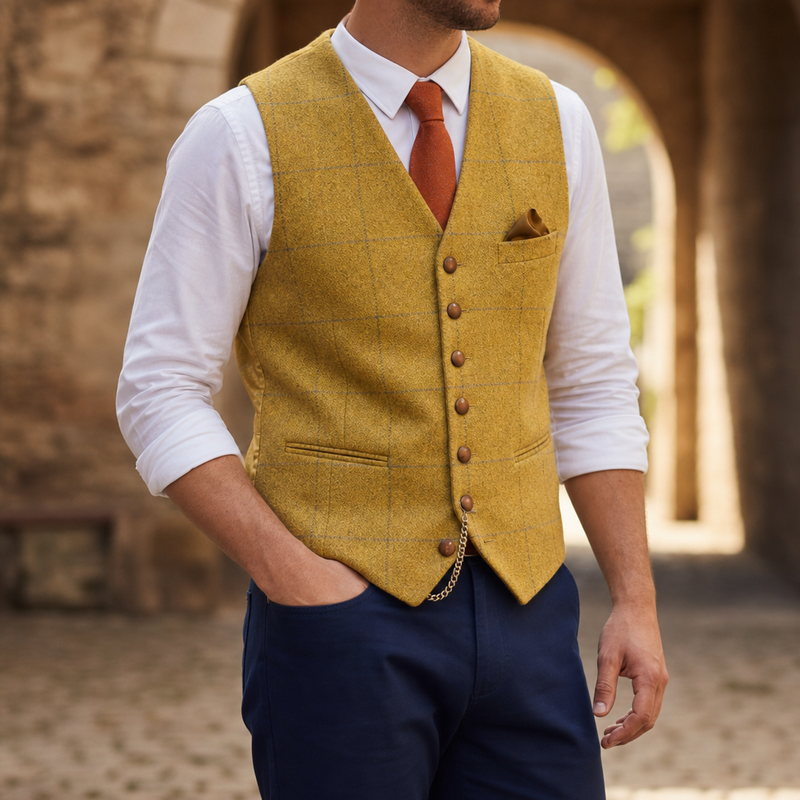 Nerja Tailored Tweed Waistcoat in Yellow