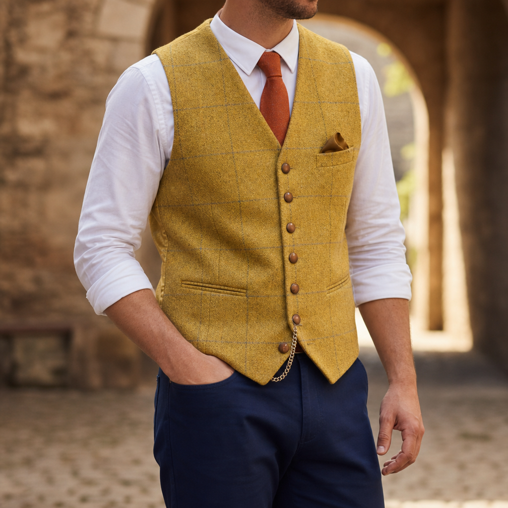 Nerja Tailored Tweed Waistcoat in Yellow