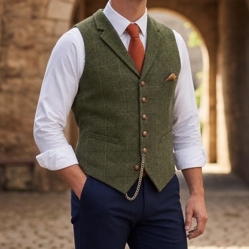 Nerja Tailored Tweed Waistcoat in Olive Green
