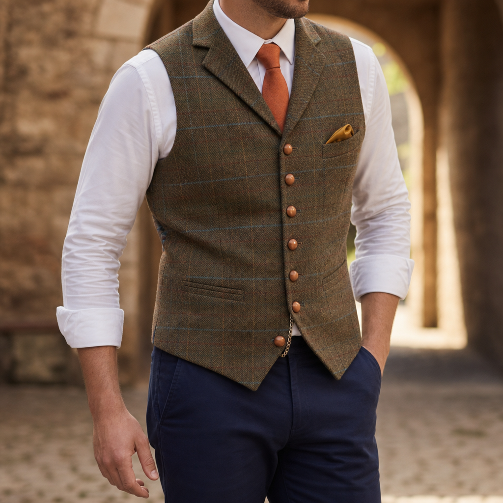 Nerja Tailored Tweed Waistcoat in Brown