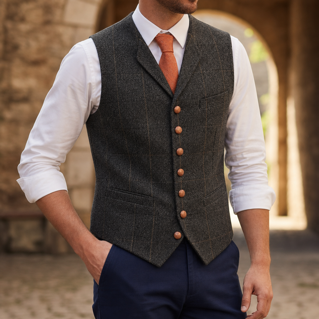 Nerja Tailored Tweed Waistcoat in Charcoal