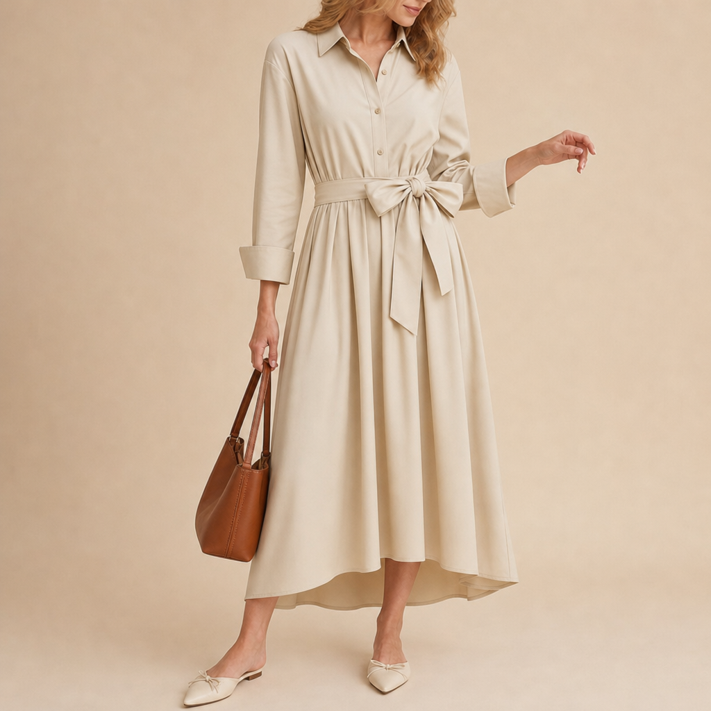 Obidos Tie Belt Shirt Dress in Beige