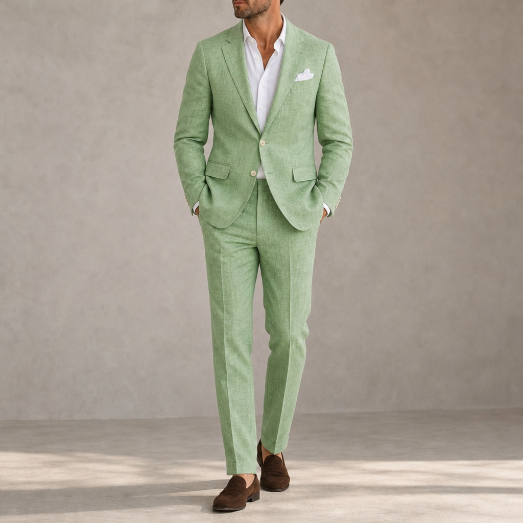 Olhao Linen Slim Fit Suit in Light Green