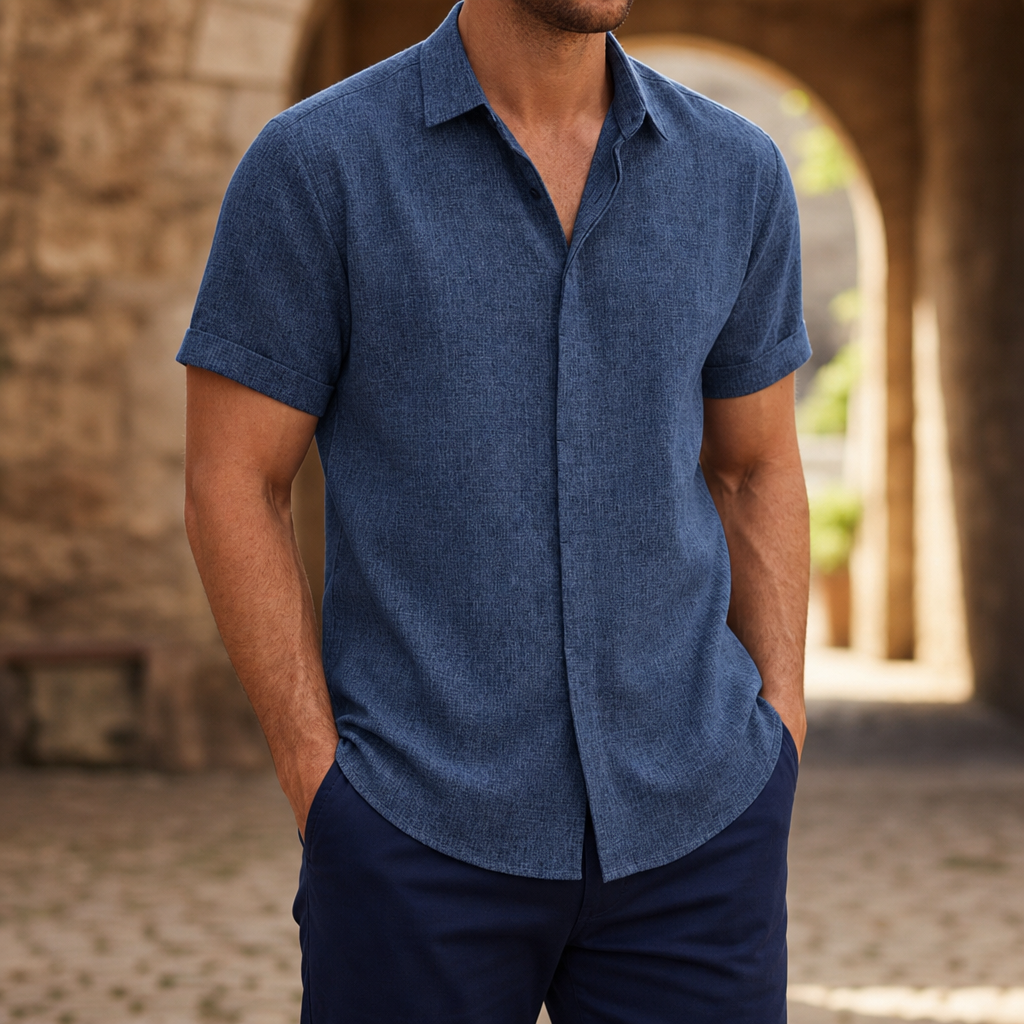Omodos Linen Button-Down Shirt in Navy Blue