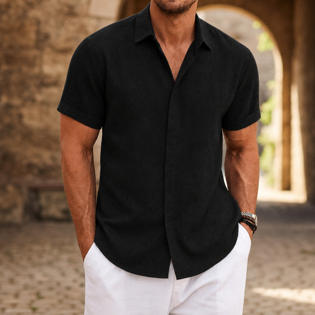 Omodos Linen Button-Down Shirt in Black