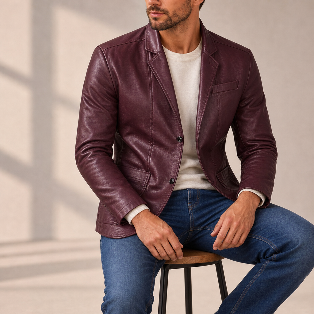 Opatija Leather Blazer Jacket in Burgundy Red