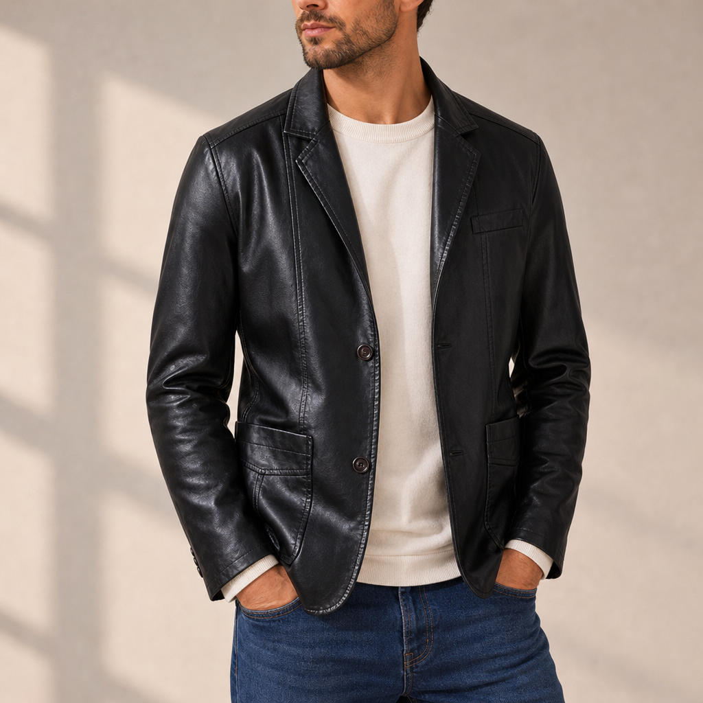 Opatija Leather Blazer Jacket in Obsidian Black