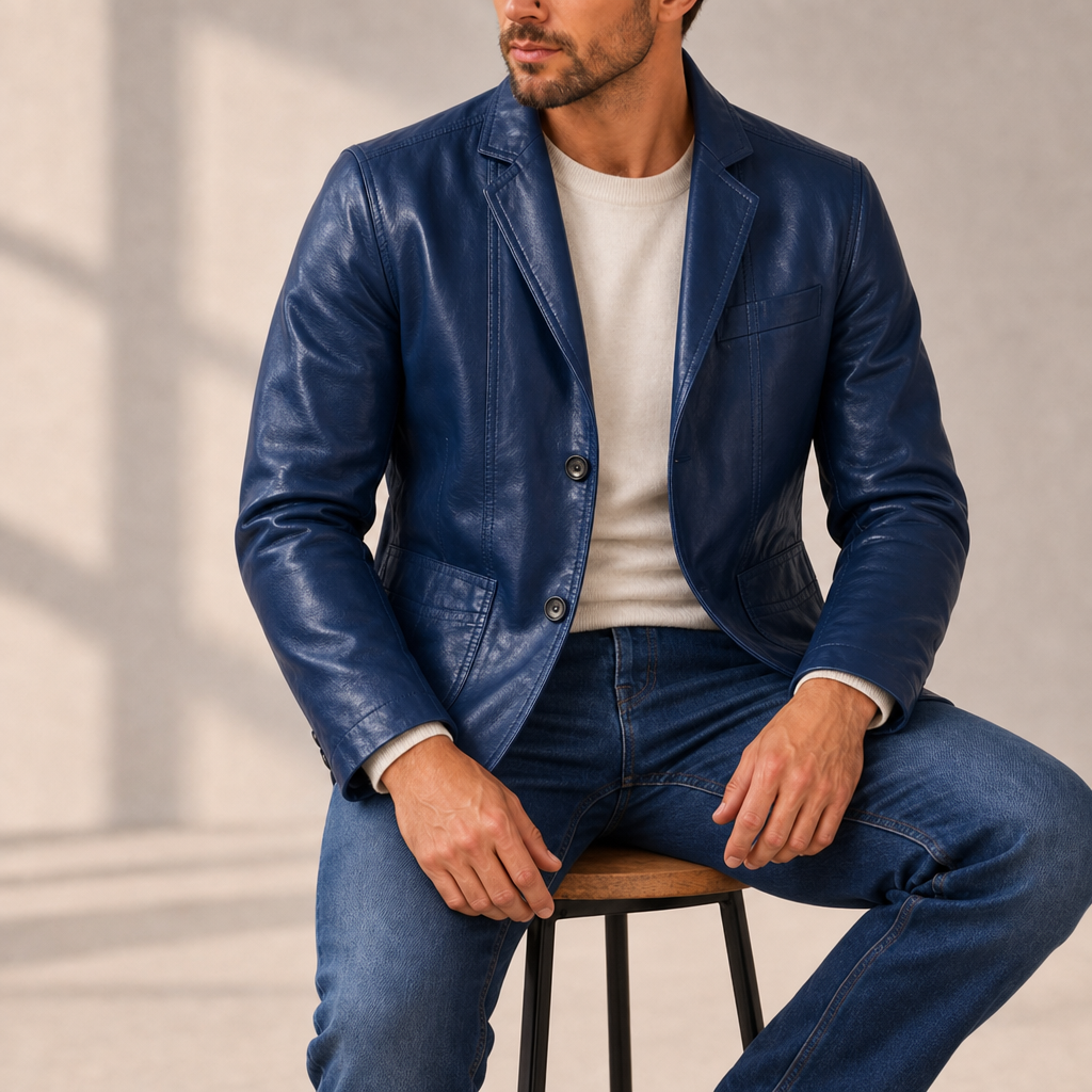 Opatija Leather Blazer Jacket in Royal Blue